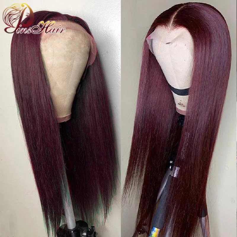 Peluca de cabello humano liso de 30 pulgadas para mujer, postizo de encaje Frontal 13x6, color burdeos oscuro, transparente, 180%