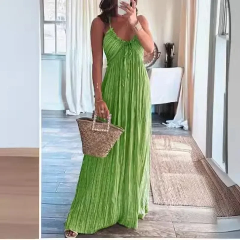 Halter sem mangas smocked decote em v balanço flowy vestido de praia para mulher a linha casual férias praia vestido de verão feminino maxi vestido de verão