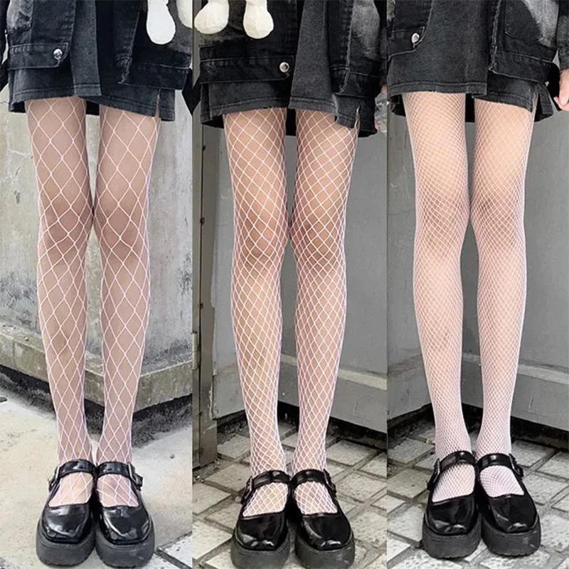 Women White Long Sexy Hollow Out Fishnet Body Stockings Pantyhose High Waist Tights Panty JK Lolita Style Fishnet Leggings