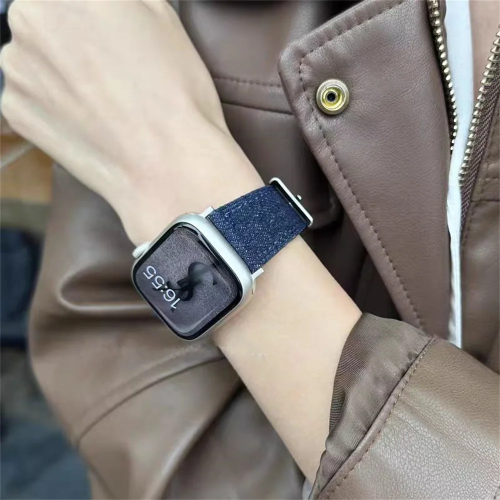 Denim Cloth  Leather Strap for Apple Watch Band 38/40/41mm 7 8 9 Bracelet Loop for Iwatch 6 SE 5 49Ultra 3 2 42/44/45mm Cor