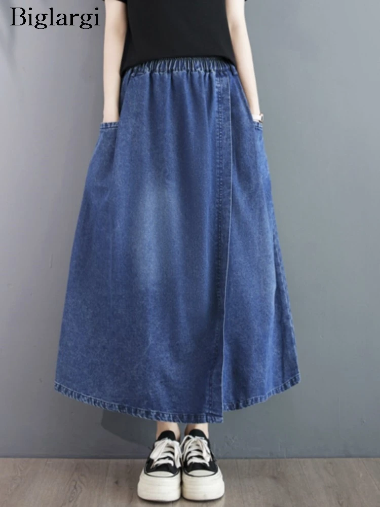 

Denim A-Line Oversized Summer Skirt Women Casual Loose Ruffle Pleated Fashion Split Ladies Skirts Elastic High Waist Woman Skirt