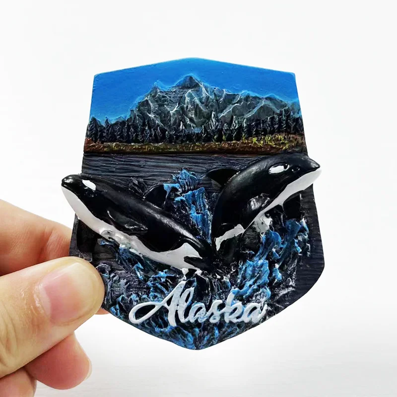 ولاية ألاسكا الإبداعية 3D Orca الحوت تذكارية للسفر رسمت باليد المغناطيسي مغناطيس الثلاجة هدية