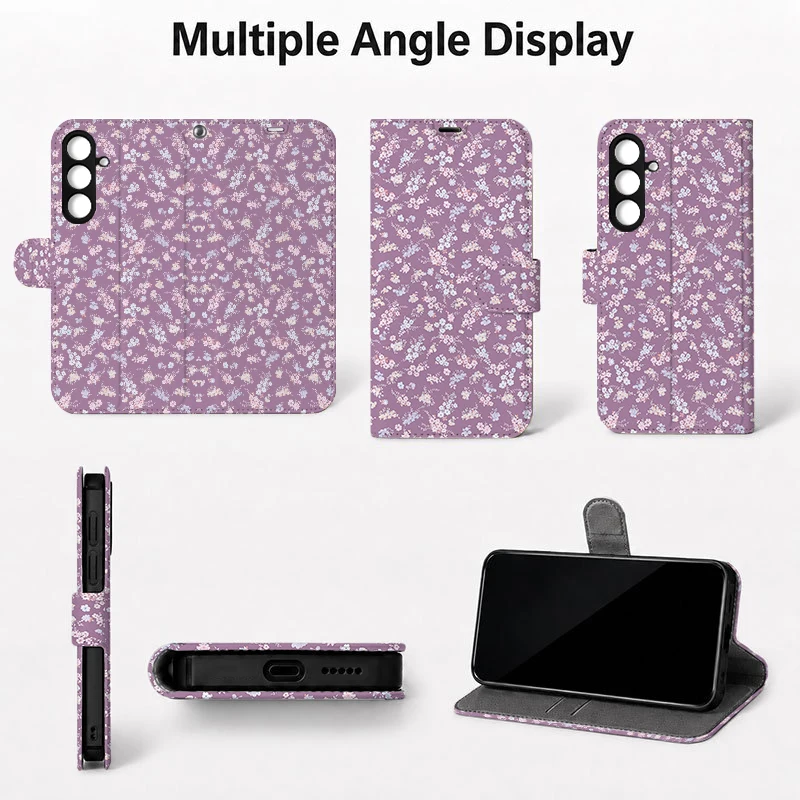 Purple Floral Pattern 2D Flip Cover Artificial Leather Phone Case for Samsung S26 S25 S24 S23 S22 A55 A36 with Foldable Stand