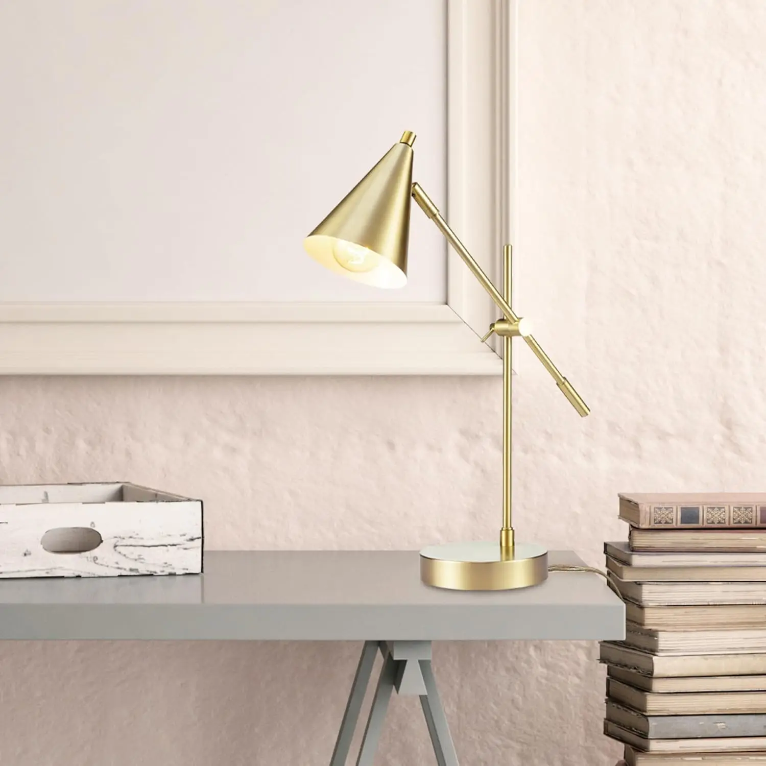 Adjustable Brass Desk Lamp with Modern Cone Shade, E26 Base for Bedroom or Office Lighting view 4