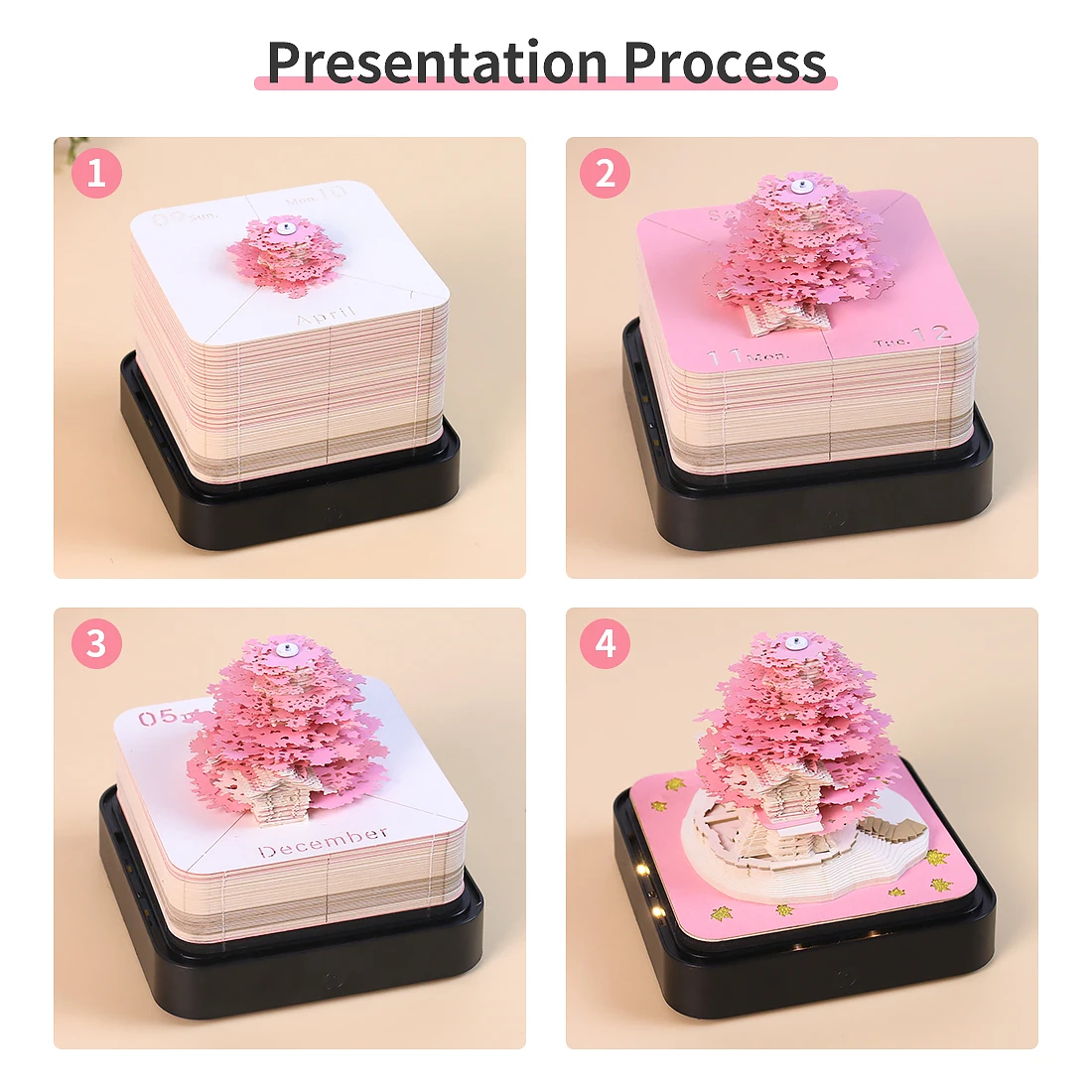 Omoshiroi Block 2025 Calendar 3D Notepad Sakura Tree 3D Memo Pad With Lights Desk Calendar Diy Note Paper Carving Art Craft Gift