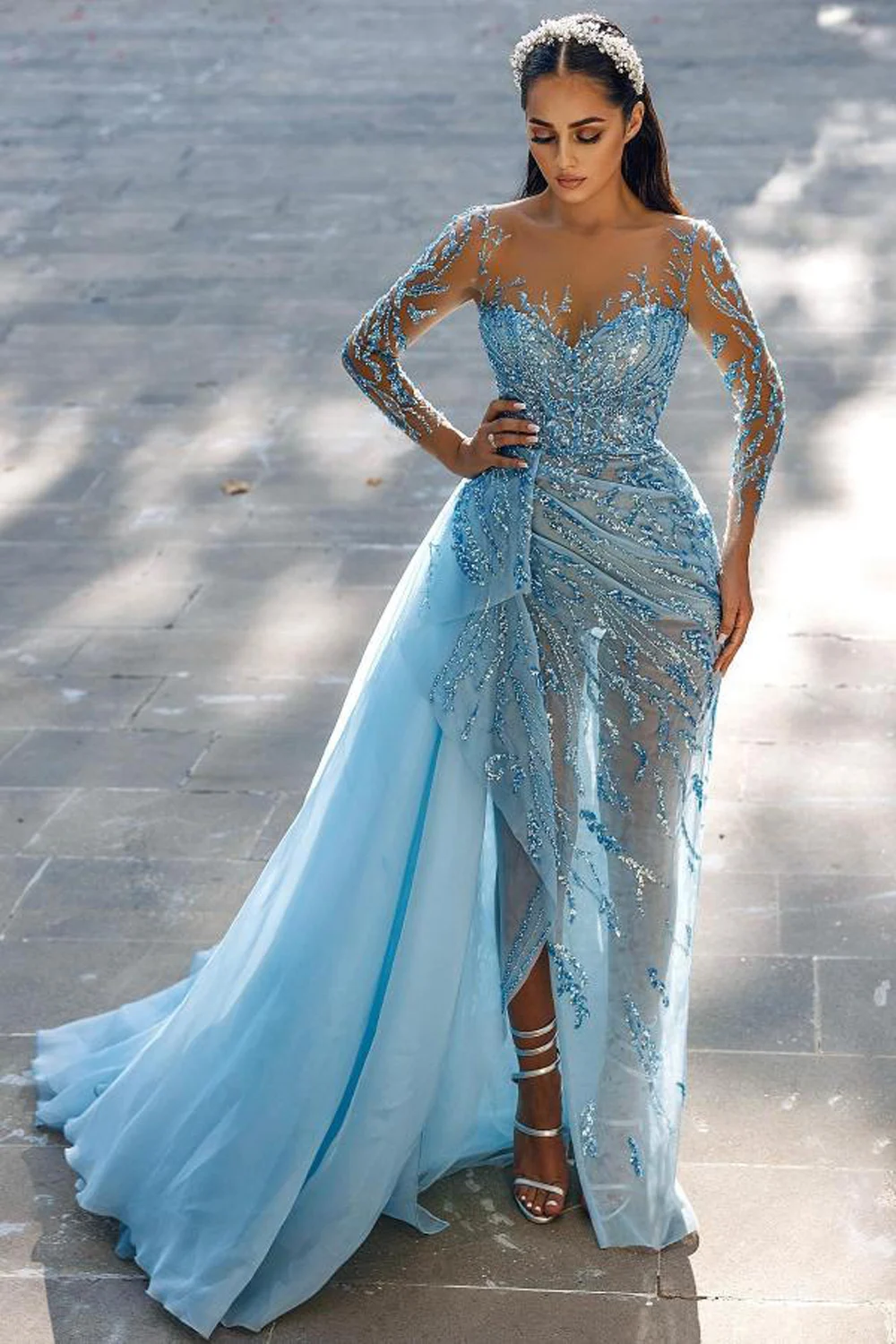 Blue Gillter Sequined Beading Evening Dresses Full Sleeves High Side Split Mermaid Formal Party Prom Gowns Vestido De Fiesta