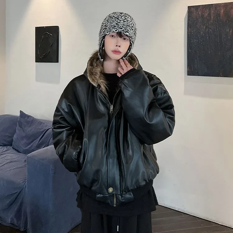 

2024 New Hooded Winter Fur Casual Double-sided PU Leather Cotton Jacket Loose Coat for Men's Fashion