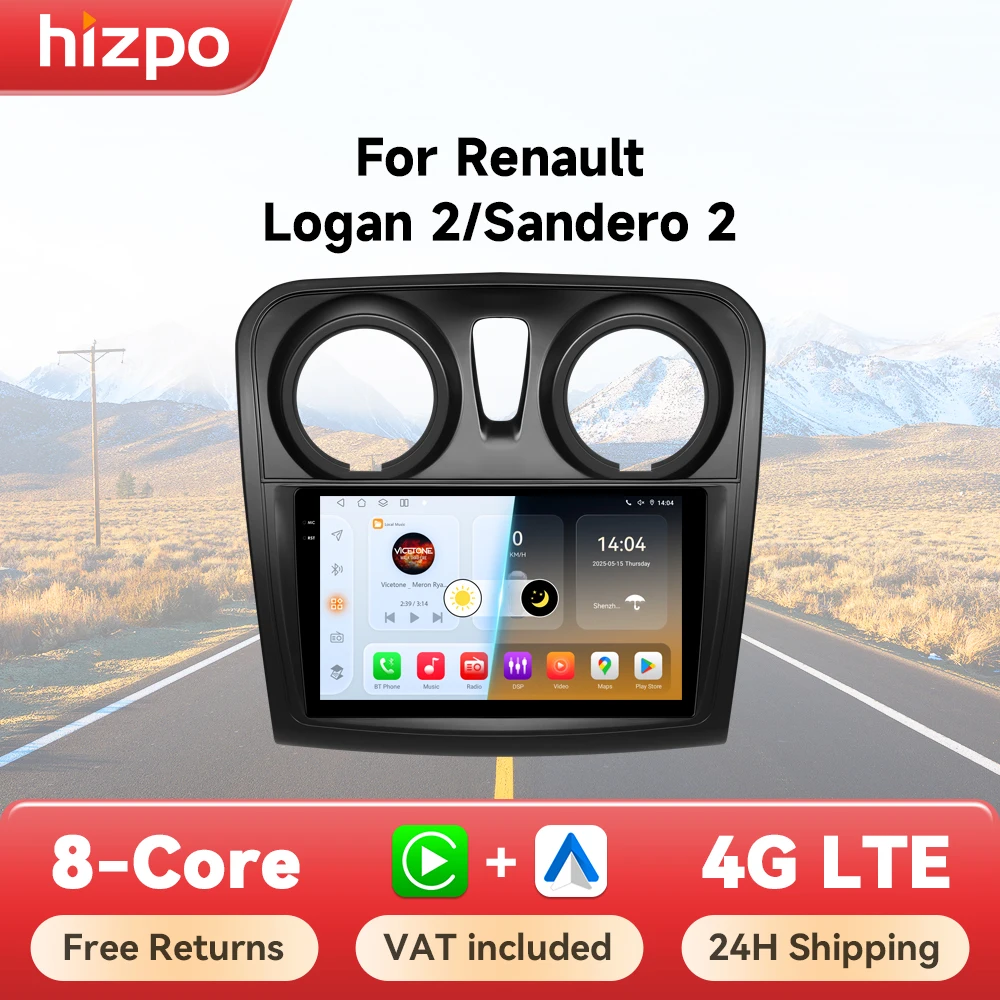 Hizpo Android Auto Radio für Renault Logan 2 2012-2019 Sandero 2 2014-2019 4G Auto-Multimedia GPS 2 Din Stereo CarPlay WIFI DSP