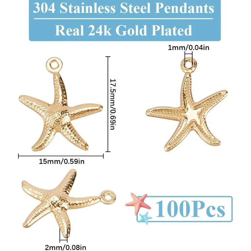 1 Box 100Pcs Real 24K Gold Plated Starfish Charm Bulk Sea Life Charms Stainless Steel Metal Cute Marine Animal Beach Charm