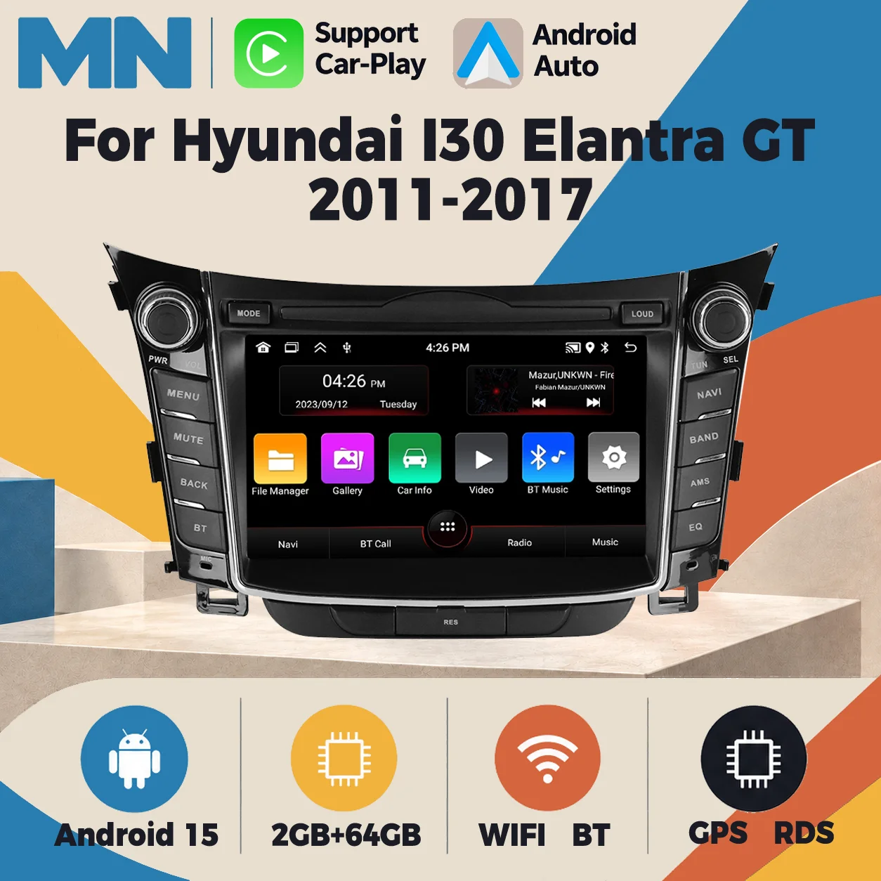 Drahtlose CarPlay Android Auto Multimedia Display Bildschirm Für Hyundai I30 Elantra GT 2011-2017 Android 15 Auto Radio GPS navigation