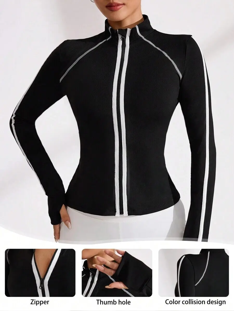 New Black Women's Zipper Stand Up Collar Long Sleeve Yoga Jacket Breathable Slim Fit Quick Dry Top Sports Running Cycling Wear