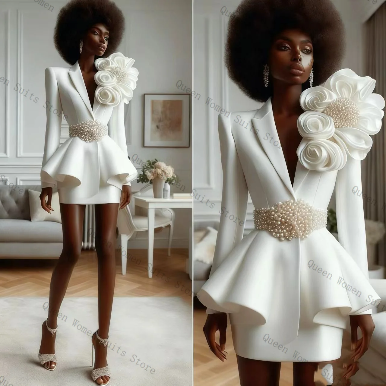 

Pearls White Women Suit Skirt Set 2 Pcs Blazer+Short Mini Prom Dress Belted Formal Office Lady Jacket Wedding Coat Customized