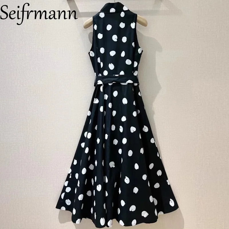 Seifrmann ドットプリントノースリーブファッションドレス女性のターンダウン襟シングルブレストレースアップスリムコットンヴィンテージドレス