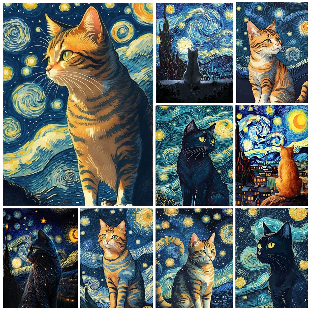 Van Gogh Starry Night Cat Diamond Painting Kits Cartoon Animal Art Rhinestone Cross Stitch Mosaic Wall Sticker Home Decor Gift