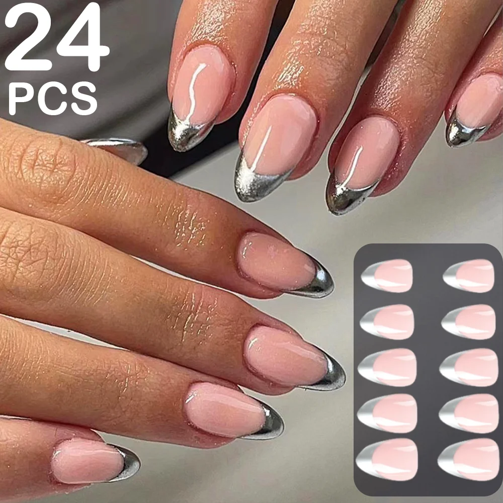 

24Pcs Wearable Press On Nails Simple Naked Color Short Stiletto False Nails Sliver French Covered Fake Nails Summer Cool