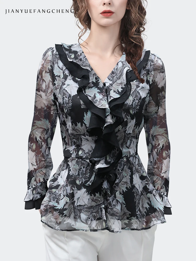 Fashion Women Long Sleeve V-Neck Ruffles Floral Print Chiffon Blouse Elegant Skinny Button-down Shirt 2024 Spring Fall Tops