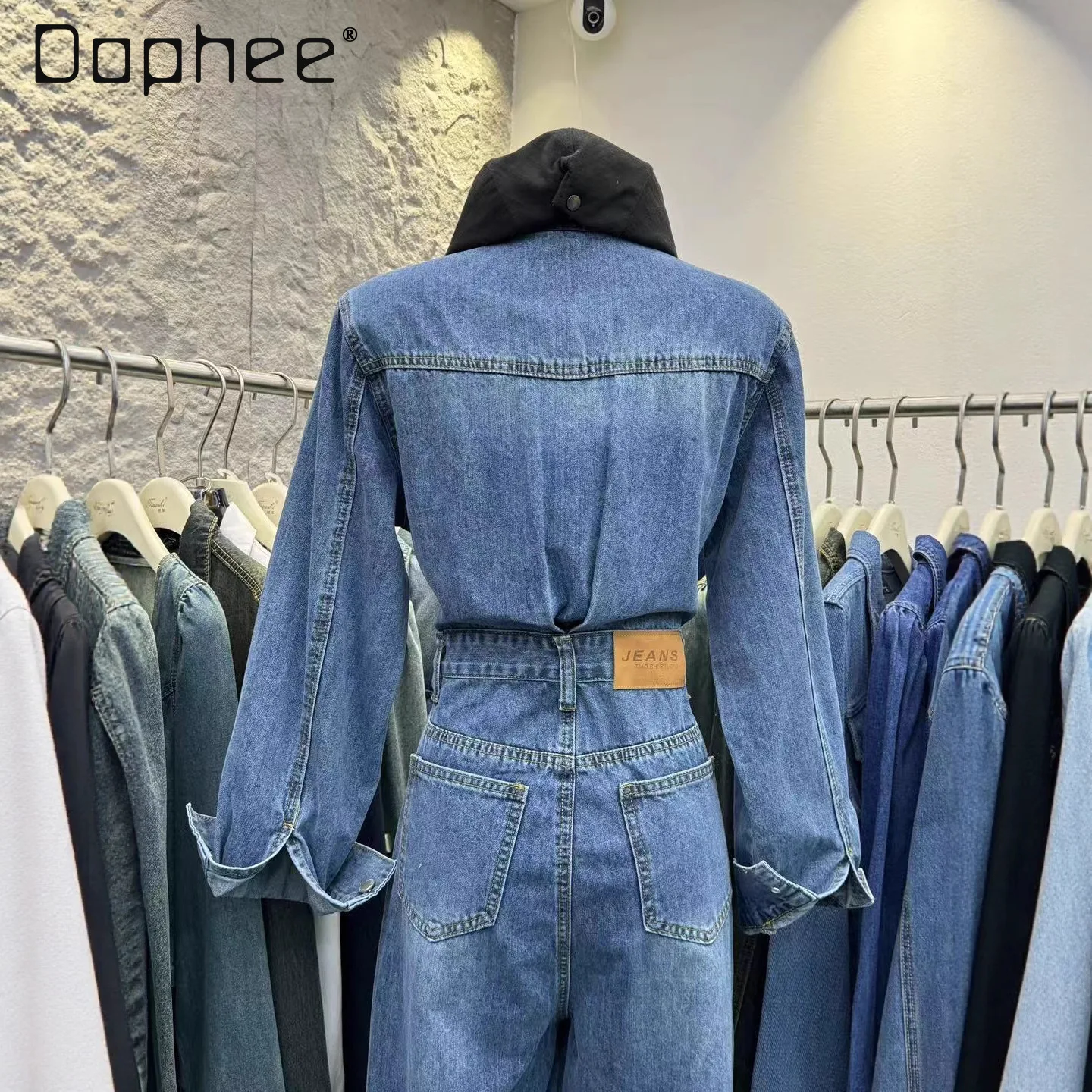 Europe Station Autunno Corea Ins Tuta Jeans Elegante Office Lady Fashion Slim Fit Retro Blu Vita alta Tuta casual da donna