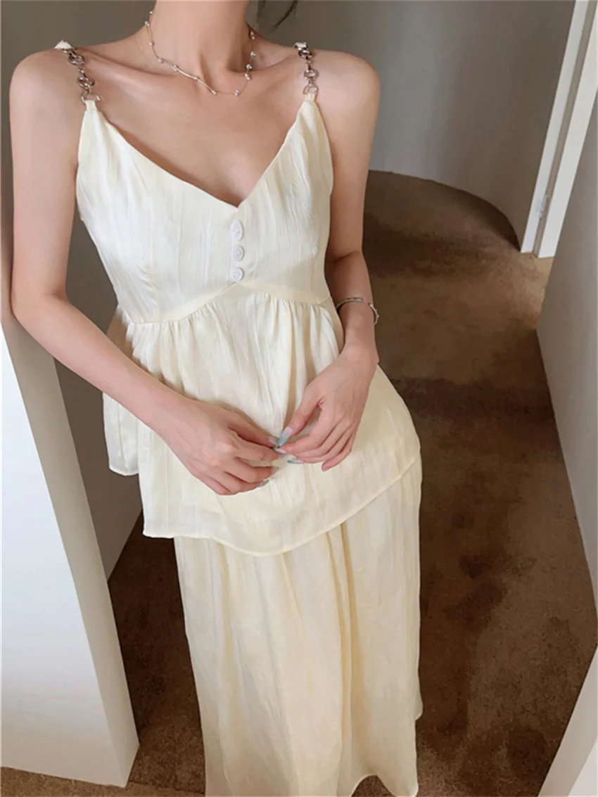 Alien Kitty Apricot Women Suits OL Summer Off Shoulders Tank Tops 2023 Gentle Daily Slim Sexy Maxi A-Line Skirts Lady Sets