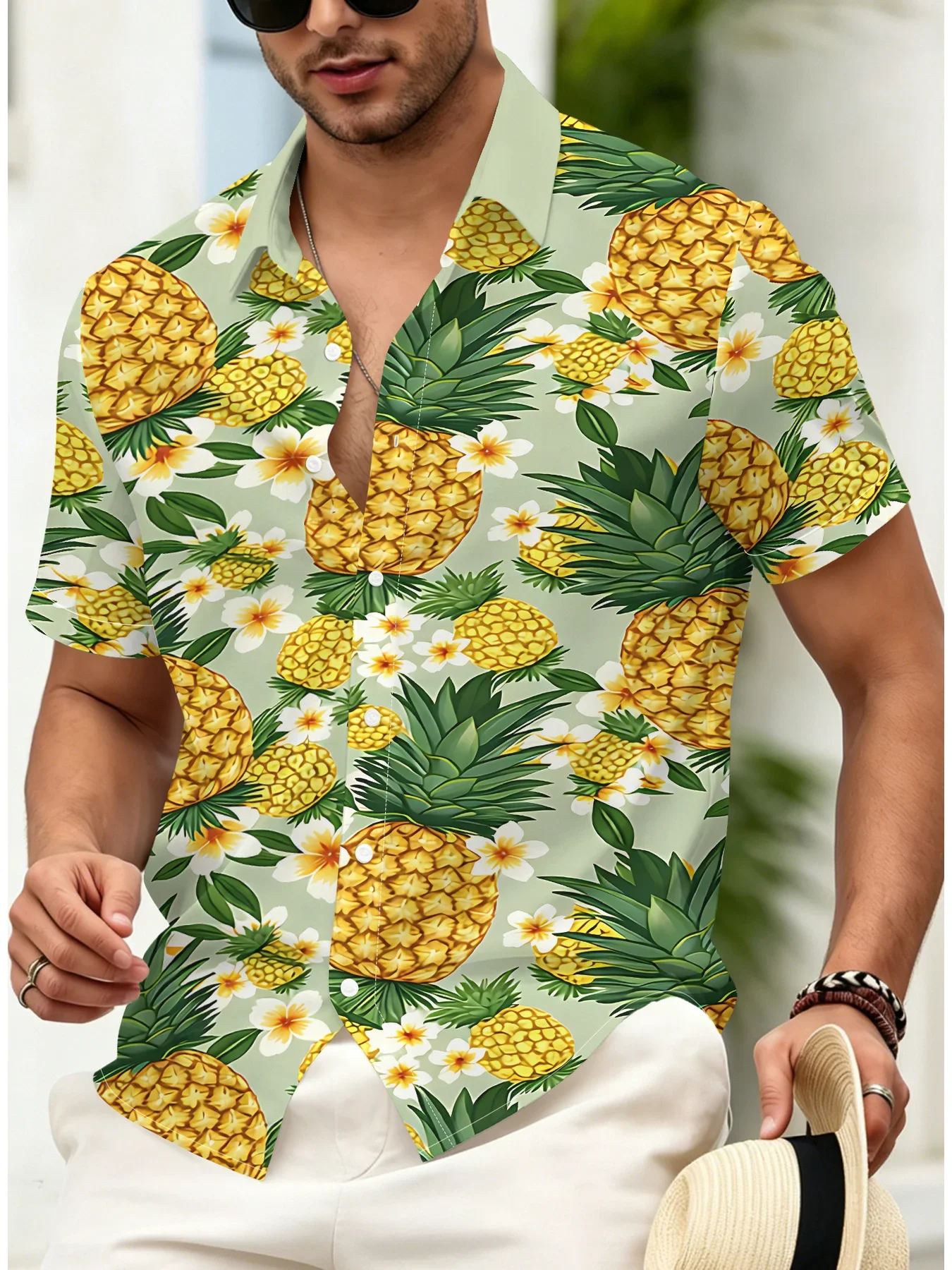 Men Casual Hawaiian Shirt Cute Pineapple Fruit Plumeria Graphic Print Beige Short Sleeve Button‑Down Beach Holiday Travel Tops