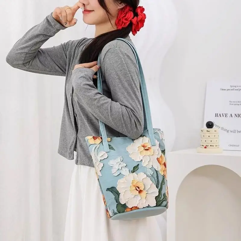 Mode Bloemen Draagtassen Voor Vrouwen 2024 Luxe Handtassen Grote Capaciteit Waterdichte Nylon Emmer Tas Dames Casual Schoudertas