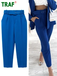 TRAF 2022 pantaloni da donna blu cintura pantaloni da donna a vita alta pantaloni da ufficio verdi per donna Streetwear Y2K pantaloni estetici donna