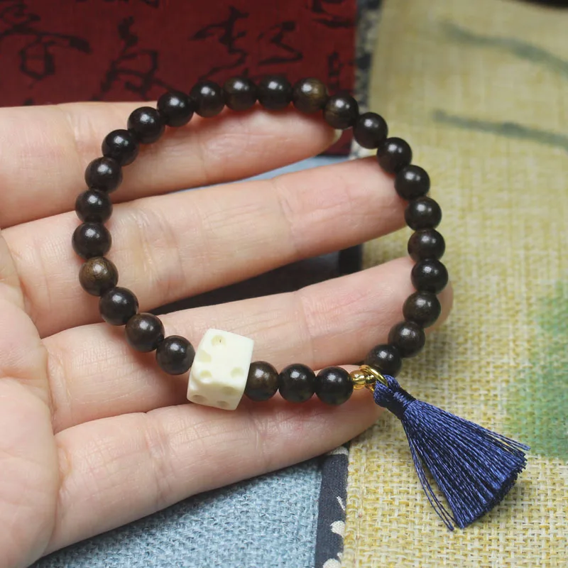 6mm Dalbergia Latifolia Beaded Bracelet with Cheese Charms Minimalist Cute Prayer Beads for Women Gifts