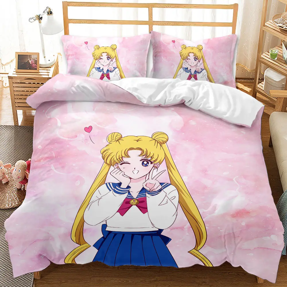 Kawaii Sailor Moon Bedding Set Kids Luxury Duvet Cover Girls Pink Quilt King Queen Twin Comforter Set with Pillowcase Gifts