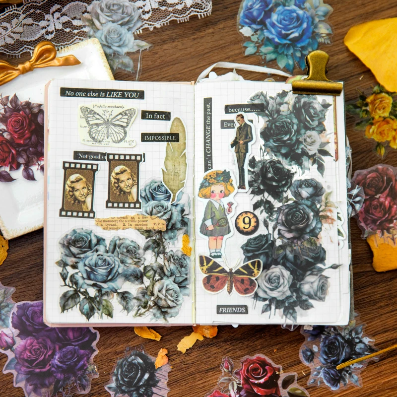 Yoofun 30pcs/lot 40 Pcs Waterproof Stickers Vintage Flowers Rose Black Rosie Stickers for Junk Journaling Scrapbooking Arts