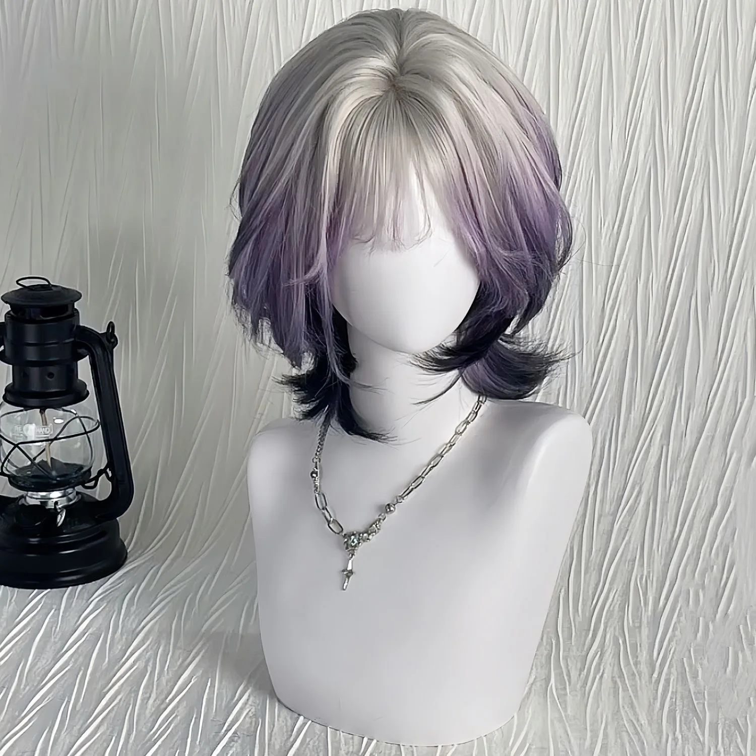 Synthetic Layered Purple White Gradient Mullet Wig for Women with Short Fluffy Bangs Top Highlight Anime Cosplay Party Costume