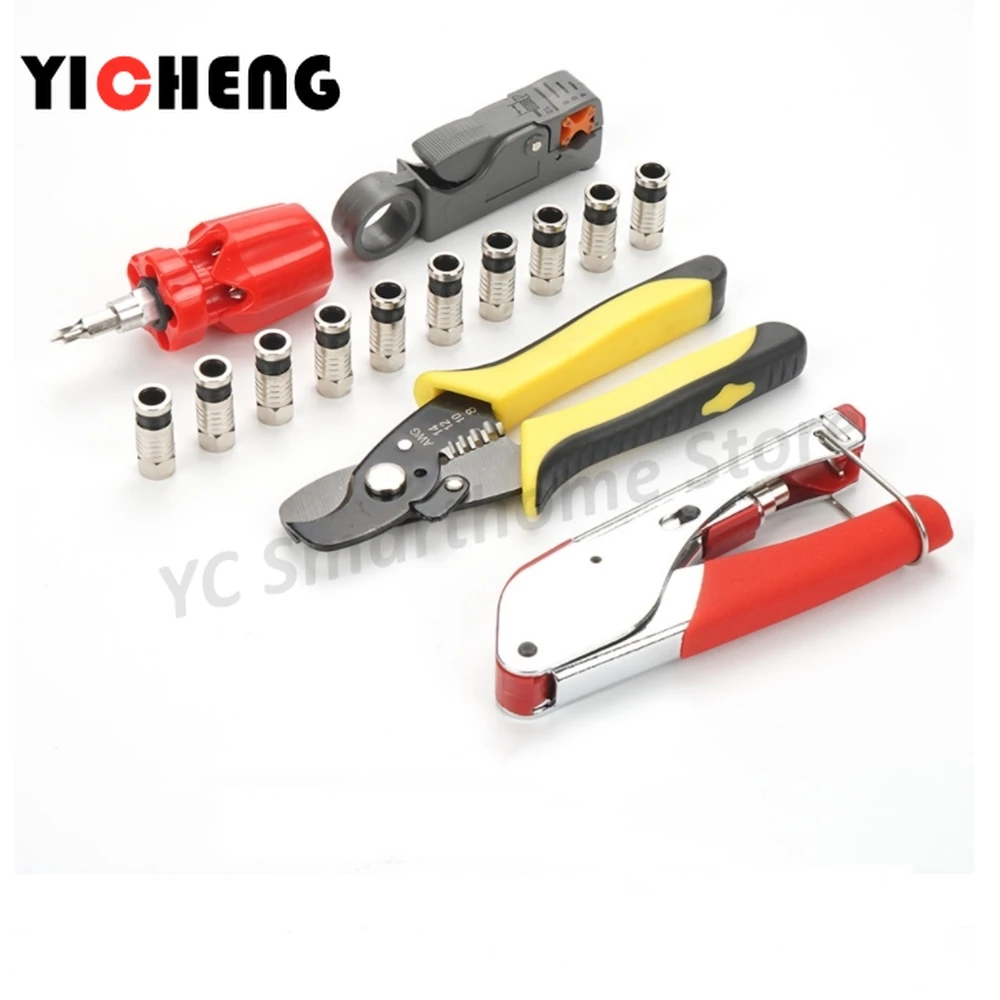 Kualitas Cocok Konektor F untuk Rumah TV CATV CT Kabel Coaxial Squeeze Tang Wire Stripper Set Kawat Clamp Kombinasi Alat