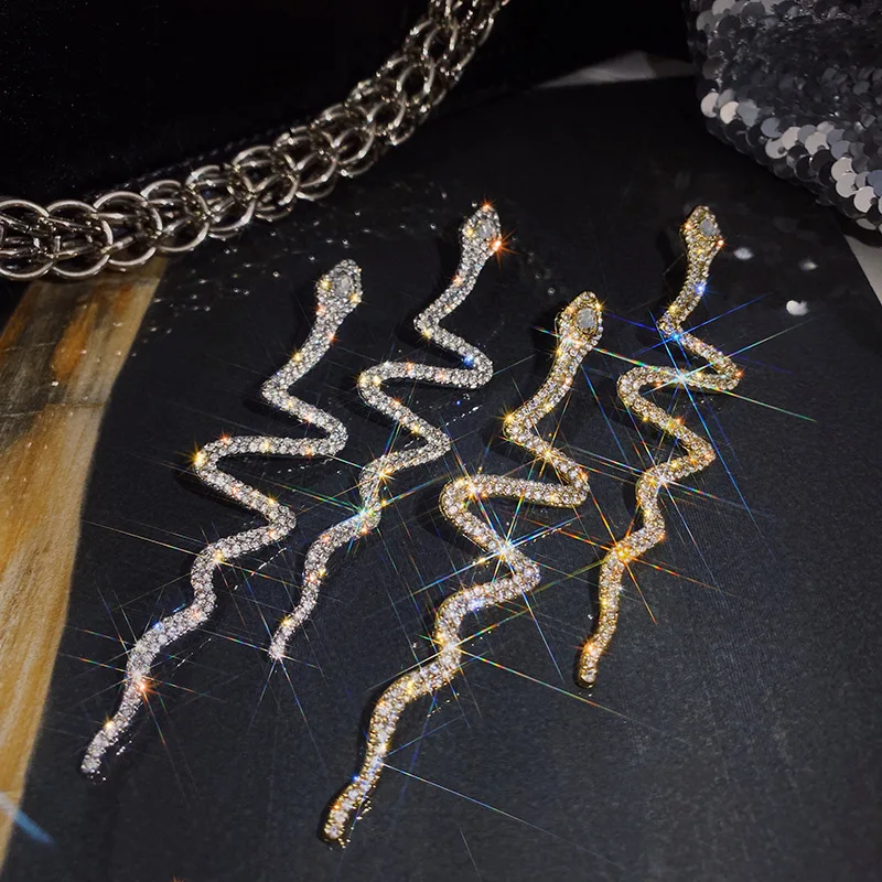 Neue Kristall übertriebene Tier lange Ohrringe Mode Silber Farbe Schlange Tropfen Ohrring für Frauen Frauen sexy Party Schmuck