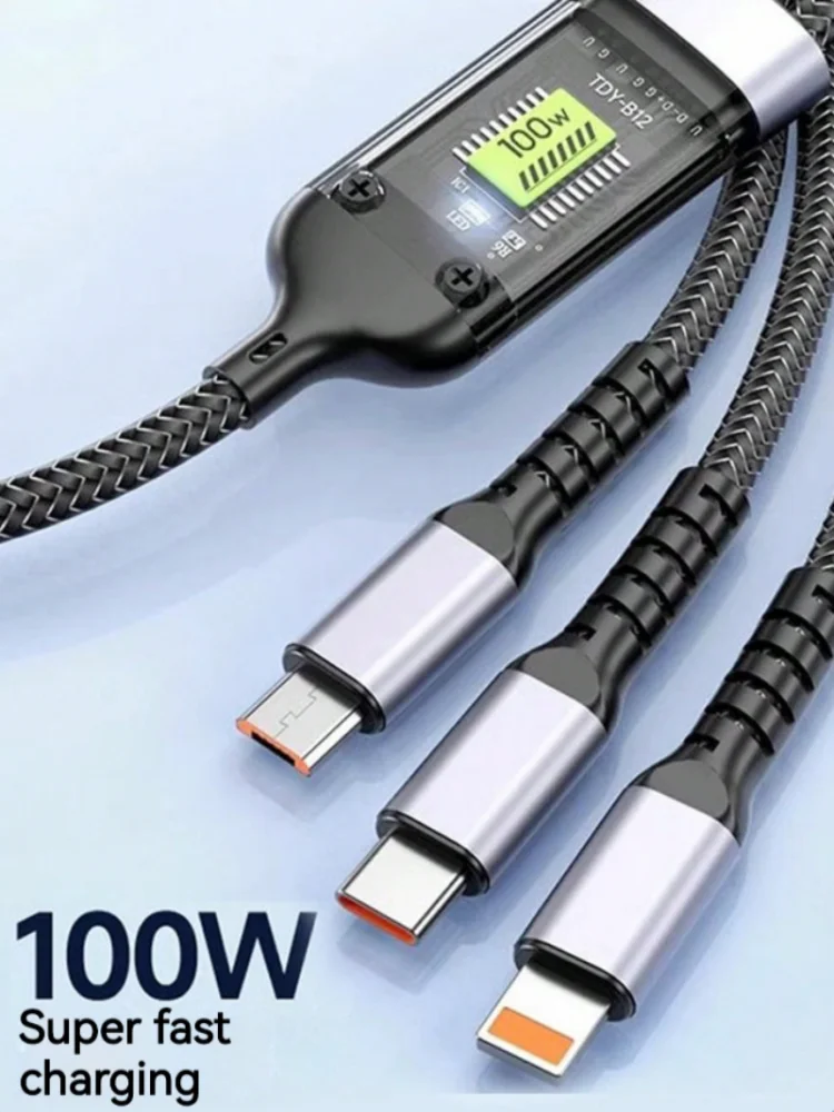 3-in-1 100W Fast Charging Cable Smart Super Fast Charging Support Multi-Interface Charging USB Visual Power Charging Cable Compa