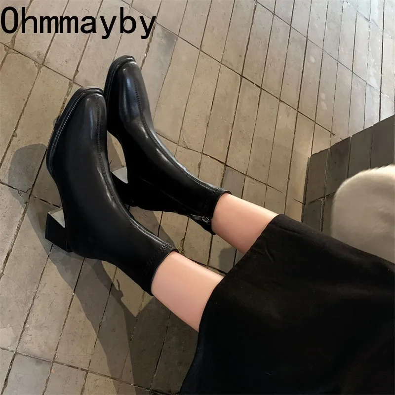 High Quality Soft PU Leather Women Ankle Boots Square Toe Square Heel Short Boots 2024 Autumn Winter Women Shoes Chelsea Boots