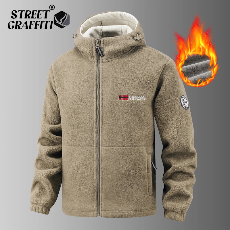 

2025 Fleece Men's Coat Thickened Warm Windproof Loose Outdoor Collar Fleece Hooded Jacket Norwegian Printed Good Soldier