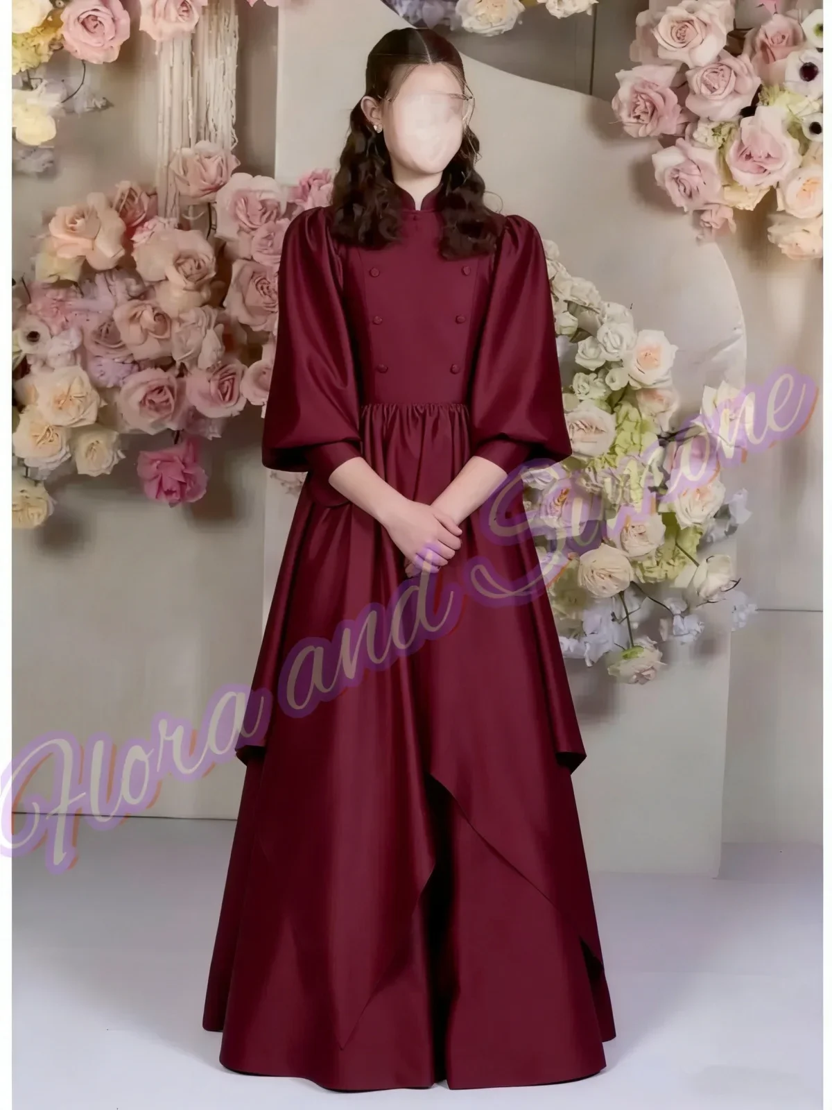 

Customized Girl Gowns Red Satin Three-quarter sleeves Flower Girl Dress for Wedding Ceremonies Formal Receptions Evening Parties