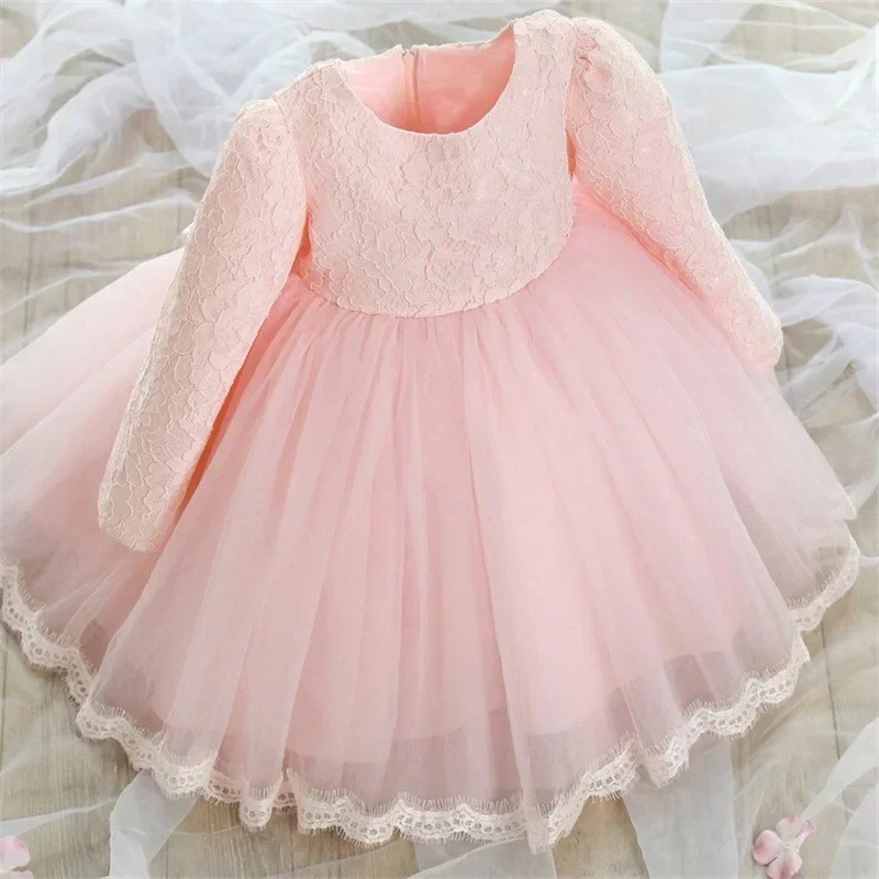 Long Sleeve Dress for Baby Girl Wedding New Year Party Lace Bow Kids Xmas Dresses Infant 1st Pink Birthday Princess Baptism Gown