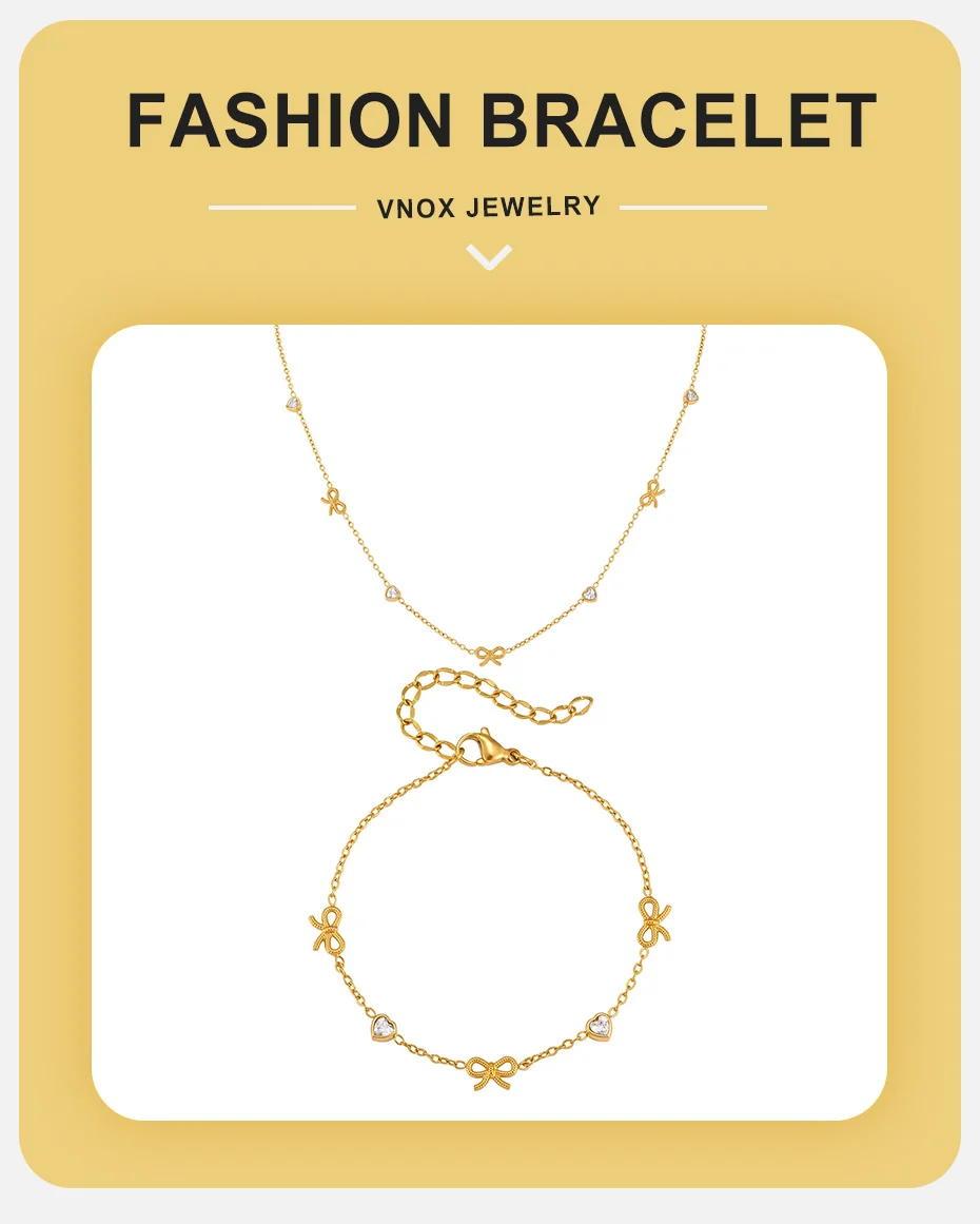 Vnox Vergoldetes Schleifenknoten-Herz Charm-Armband für Frauen, Trendige AAA Zirkonia Schleifenknoten-Halskette Ästhetischer Schmuck Wasserfest – Detail 1