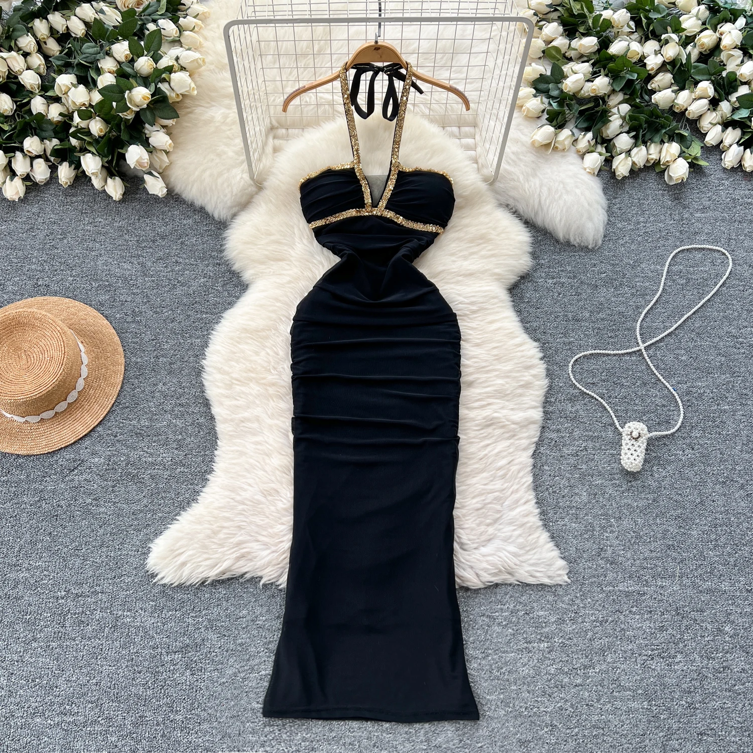 Halter seksowna cekinowa sukienka siateczkowa Off ramię elastyczna szczupła Bodycon Chic do klubu na imprezę Midi Vestidos Vintage bandaż Boho kobiety