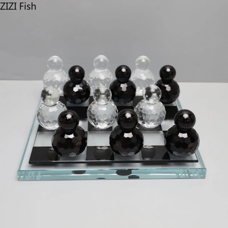 Crystal Glass Nine Grid International Chessboard Sculpture Ornament Desktop Display Statue Model Accessories  Decoration Crafts