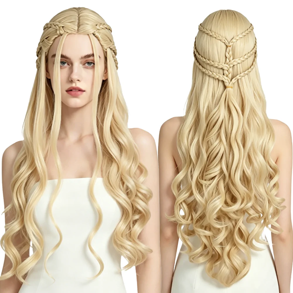 Light Blonde Braided Long Wavy Heat Resistant Synthetic Wig Daenerys Cosplay Wig Glueless For Women Daily Halloween Party