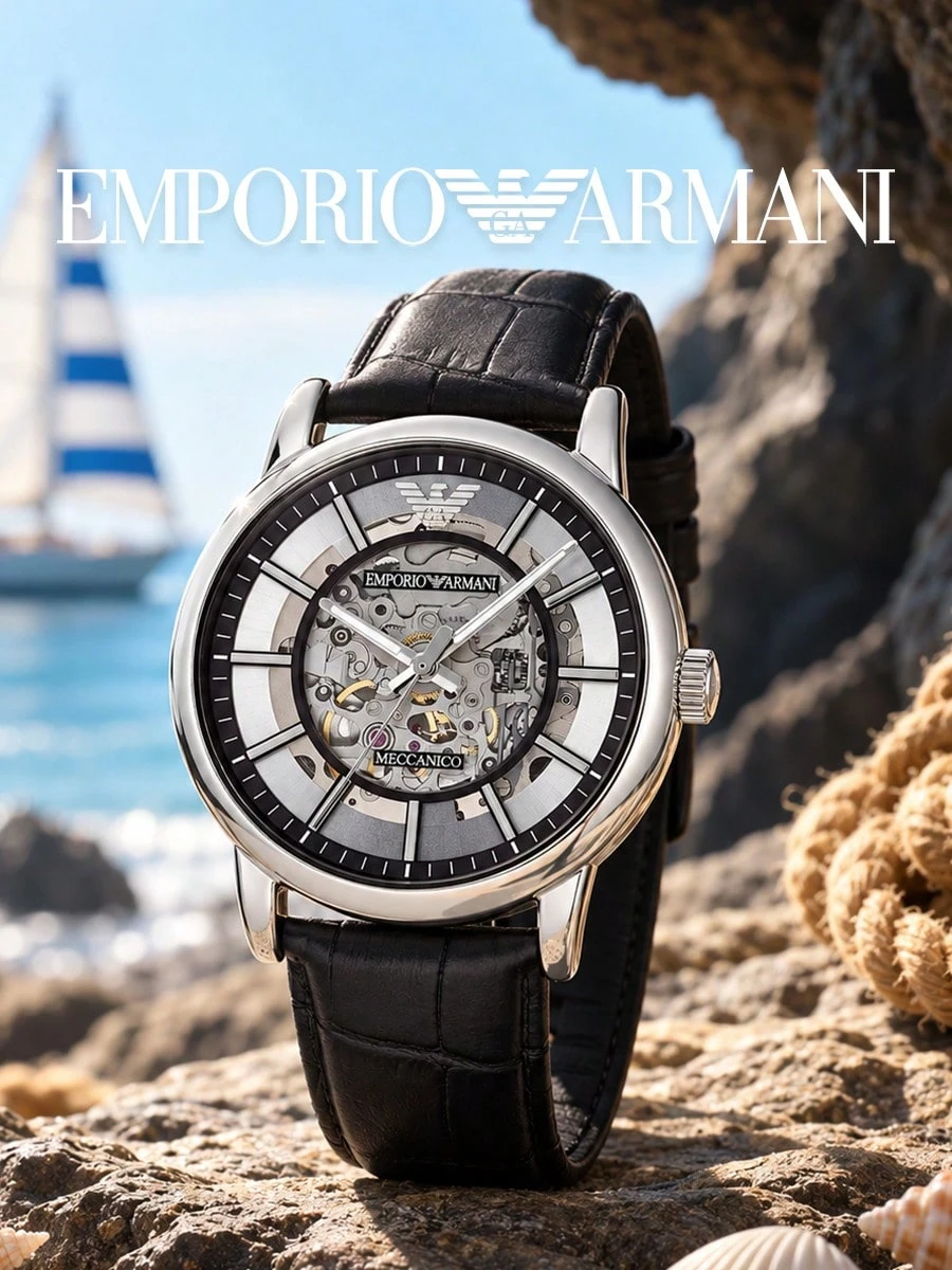 Emporio Armani AR1981 Luigi Series Automatic Watch 43mm Silver Skeleton Dial Black Leather Strap 3ATM Waterproof Men Wristwatch