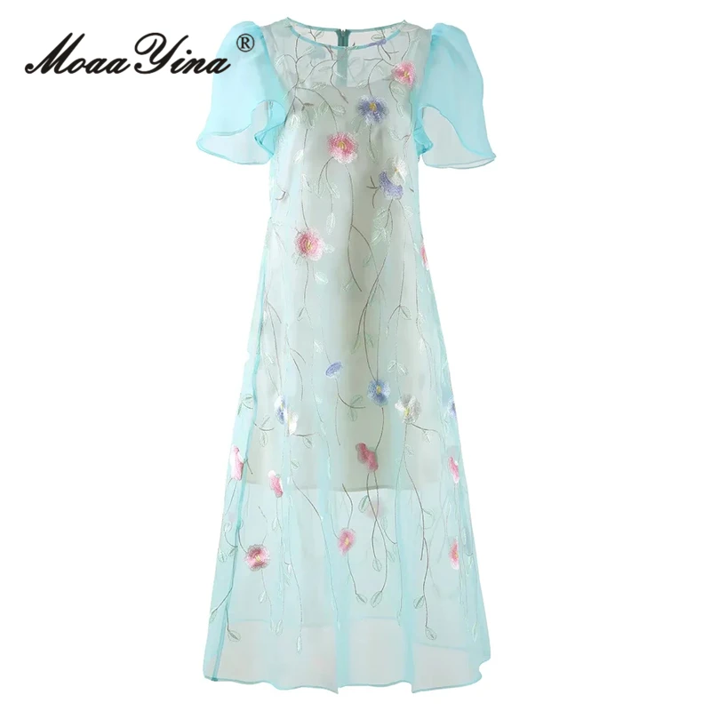 

MoaaYina Summer Fashion Designer Perspective Mesh Dress Women's Flare Sleeve Embroidery Floral Vintage Light Blue Long Dress