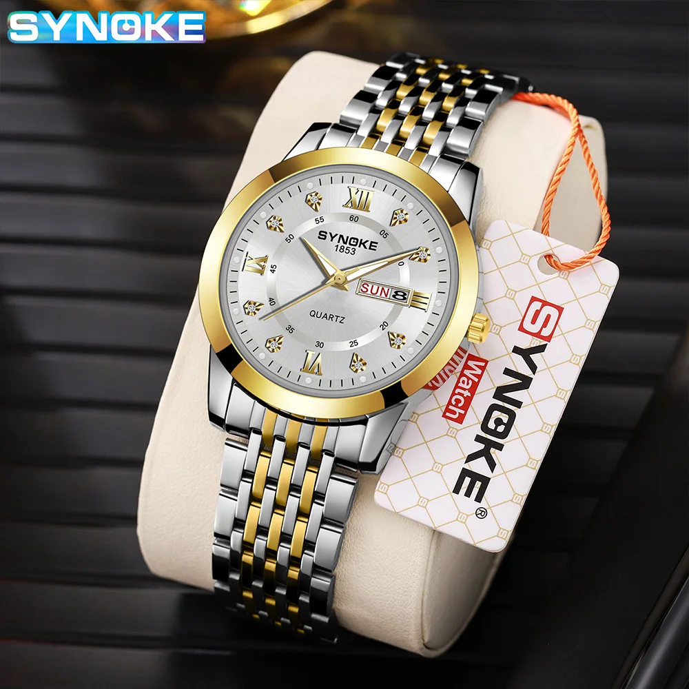 SYNOKE Non Automatic Movement Luminous Sports Waterproof Quartz Watch round Pointer Glass Calendar Business Quartz Watch For Men