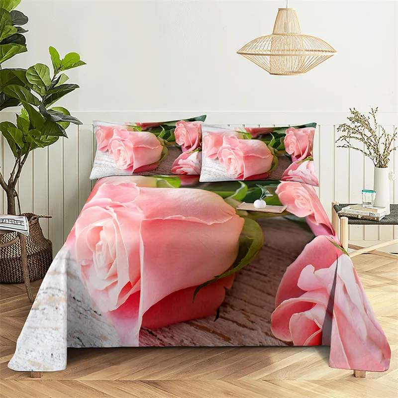 Pink Rose Queen Sheet Set Girl Lady's Room Flowers Bedding Set Bed Sheets and Pillowcases Bedding Flat Sheet Bed Sheet Set