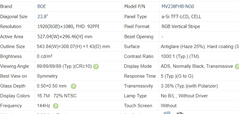 Original New LCD GLASS  MV238FHB-NG0  MV238FHB NG0 glass For   23.8