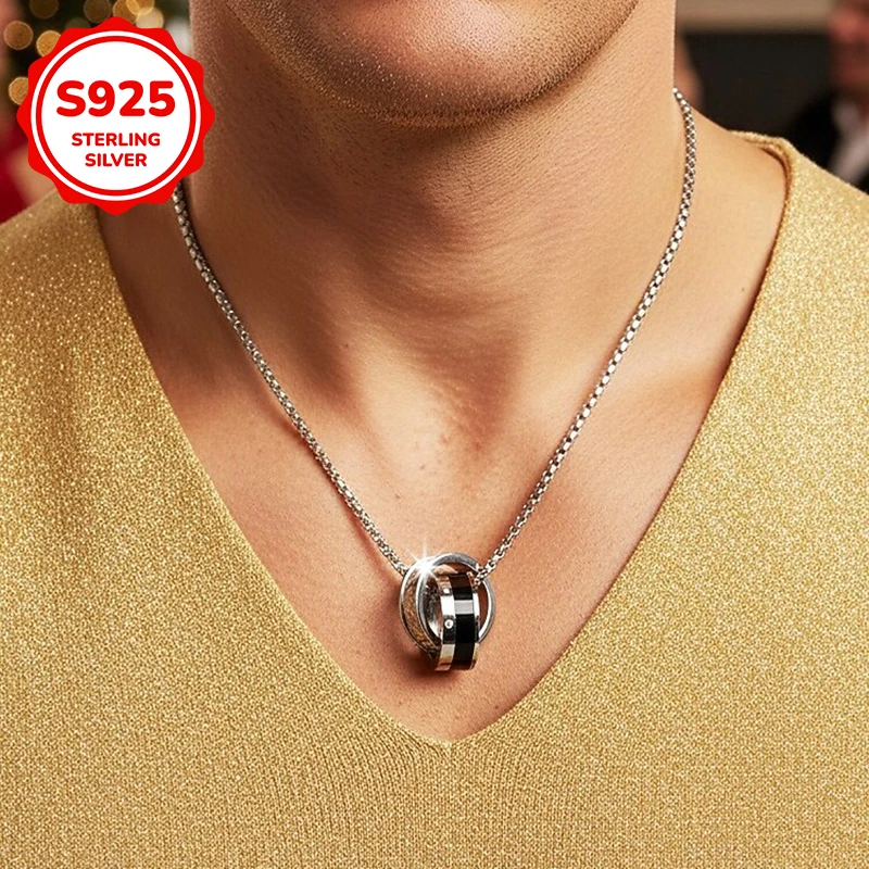 

925 sterling silver inlaid synthetic zircon double ring men's pendant necklace, fashionable men's jewelry gift
