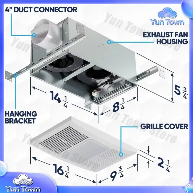 for Bathroom Exhaust Fan with Heater and LED Light 1300W 110 CFM 15 Sone Quiet Metal Ceiling Vent Fan 4 inch Duct Home Hotel