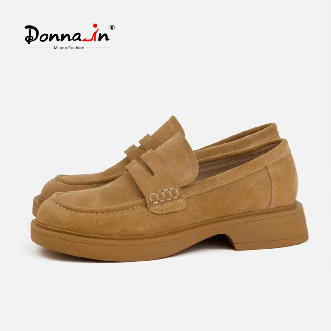 Donna-in Women Loafers Genuine Suede Leather Round Toe Square Low Heel Slip On Classic Female Platform Moccasins Shoes Soft Sole