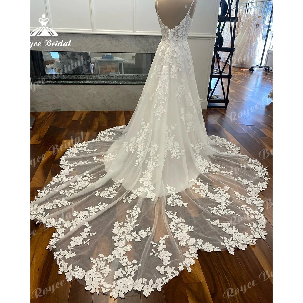 Roycebridal Lace Floral Cut-out Court Train Wedding Dress with V Neck 2024 Spaghetti Straps Bridal Gwon vestidos de novia sirena