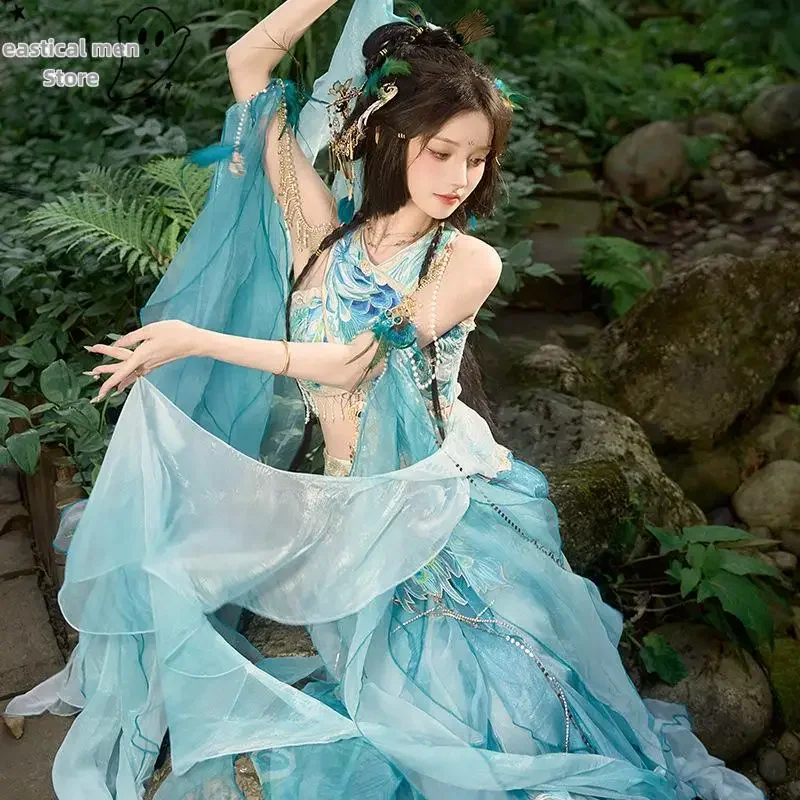 

Female Hanfu Exotic Mermaid Princess Embroidery Dress Exotic Dancewear Peacock Blue Dress Chinese Elements Fairy Cosplay Costume